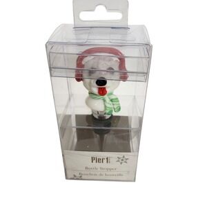 PIER 1 IMPORTS Wine Bottle Stopper Art Glass Dog In Ear Muffs Christmas NIB